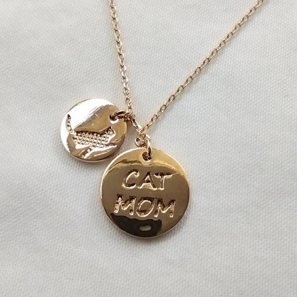 NWT 18k Gold Dipped Double Medallion Charm CAT MOM Necklace / Cat Jewelry - Picture 3 of 7